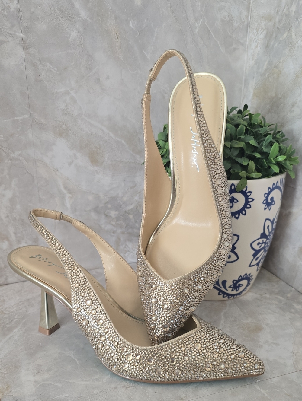 Betsey Johnson Clark Rhinestone Slingback Pumps - Light Gold - Size 7